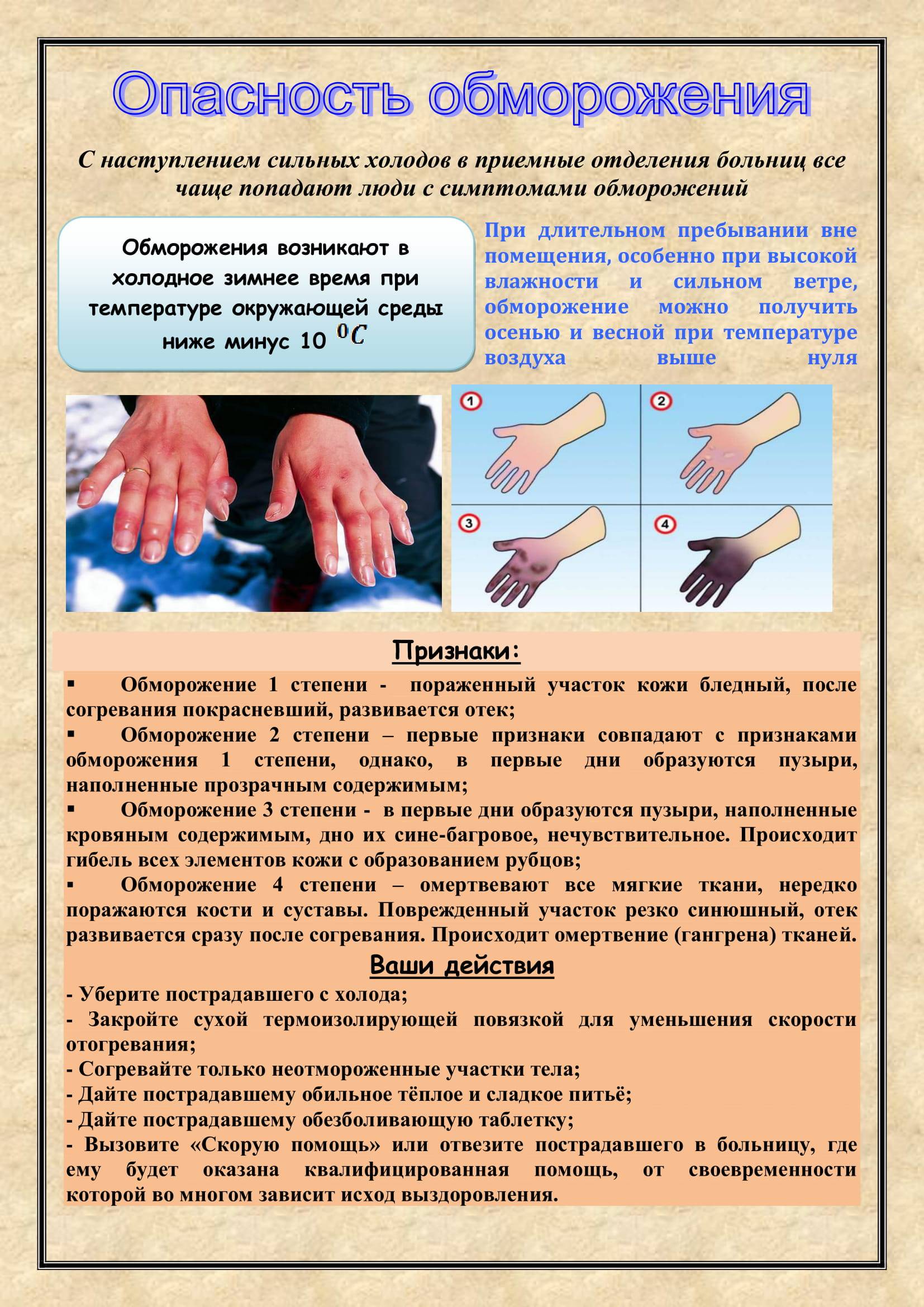 Первая помощь при обморожении рук, ног, пальцев, лица у ребёнка, симптомы, степени